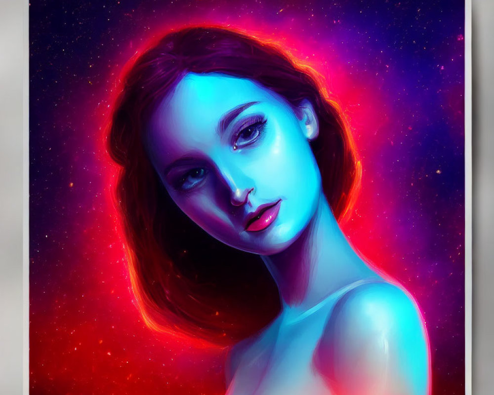 Vibrant digital portrait of a woman with cosmic background in purple, blue, and red tones