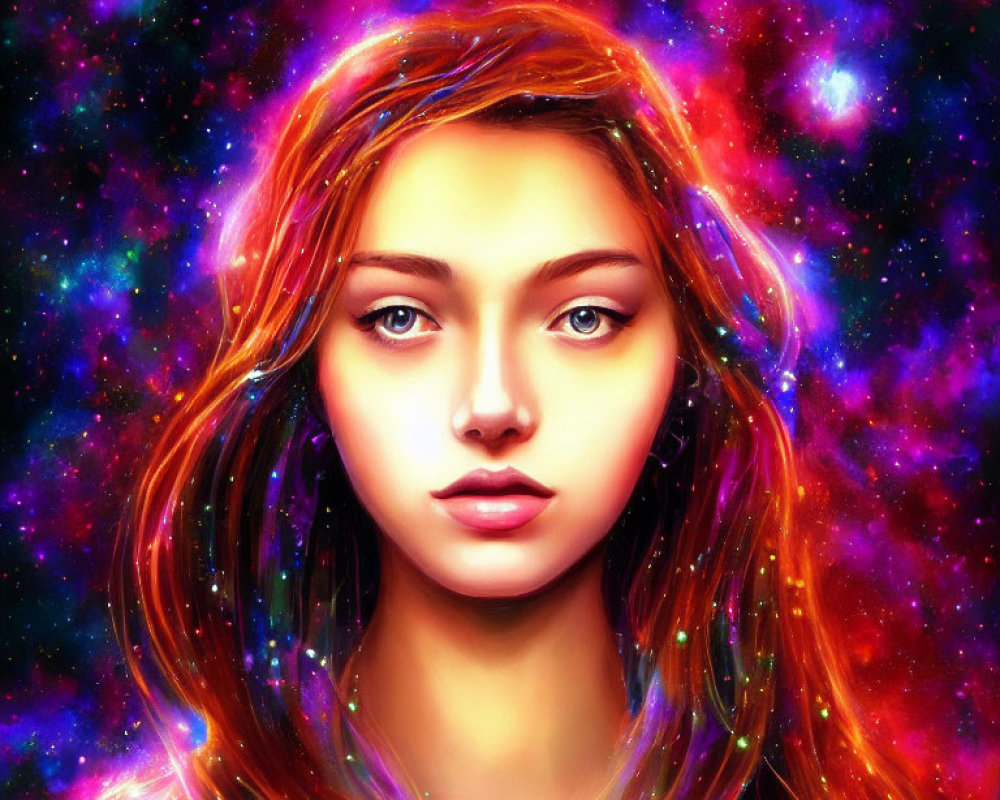 Colorful cosmic-themed digital portrait of a woman with nebula and stars in her hair