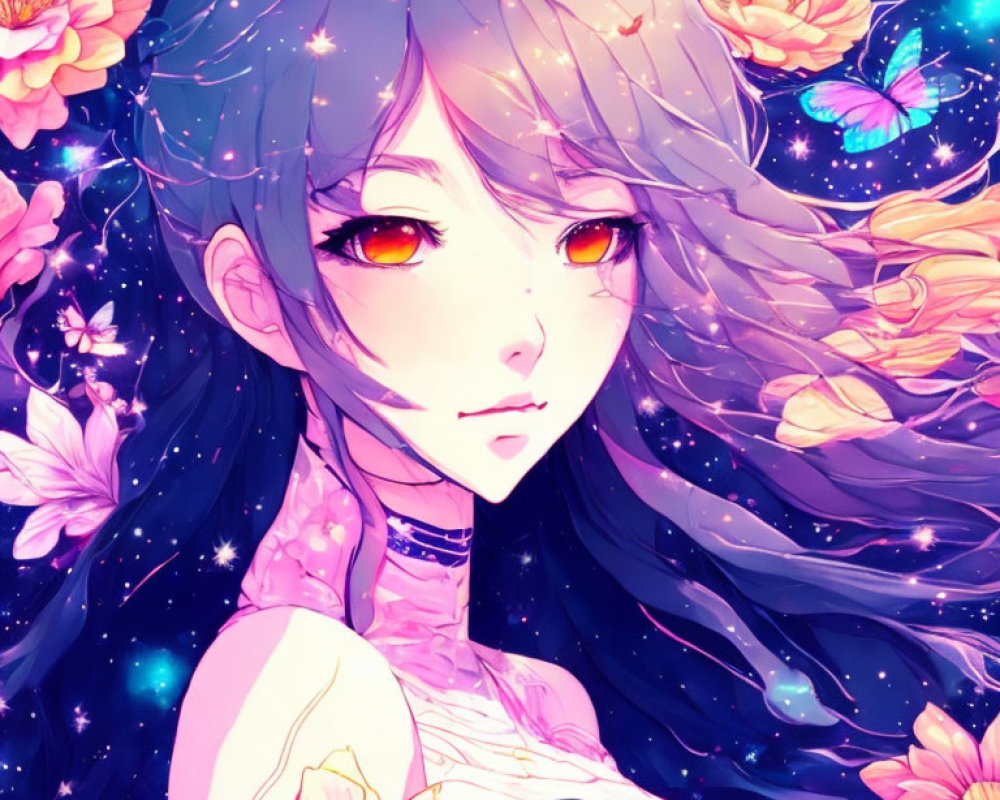 Illustration of girl with long, wavy hair in cosmic setting