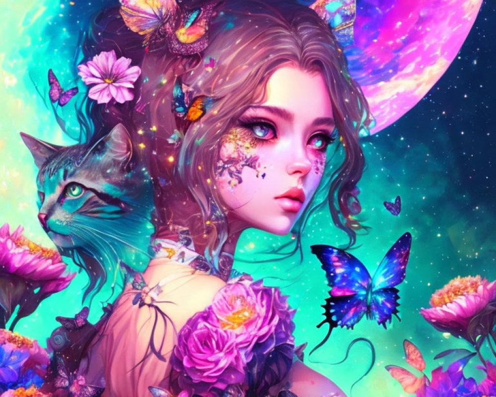 Colorful portrait of girl with cat ears in cosmic setting with flowers, butterflies, and majestic cat.