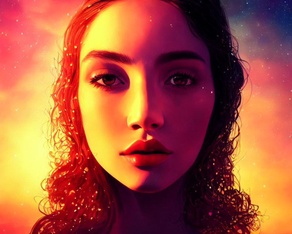 Vibrant digital art portrait of woman with curly hair on starry background