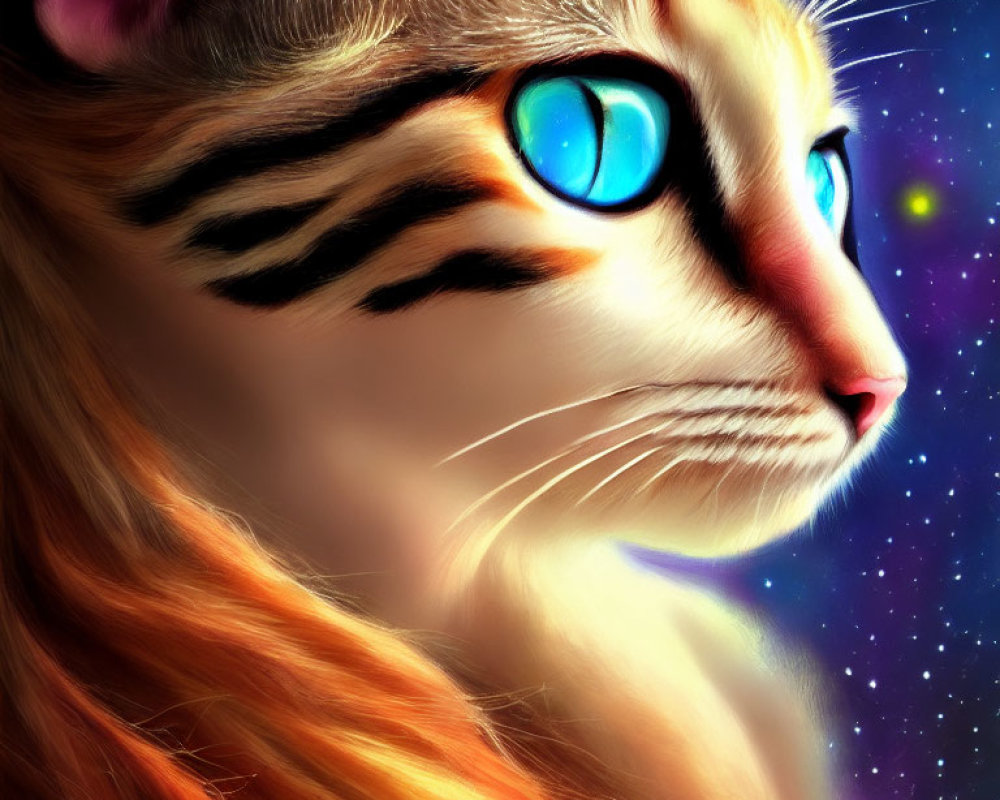 Digitally created cat with blue eyes and orange fur on cosmic background