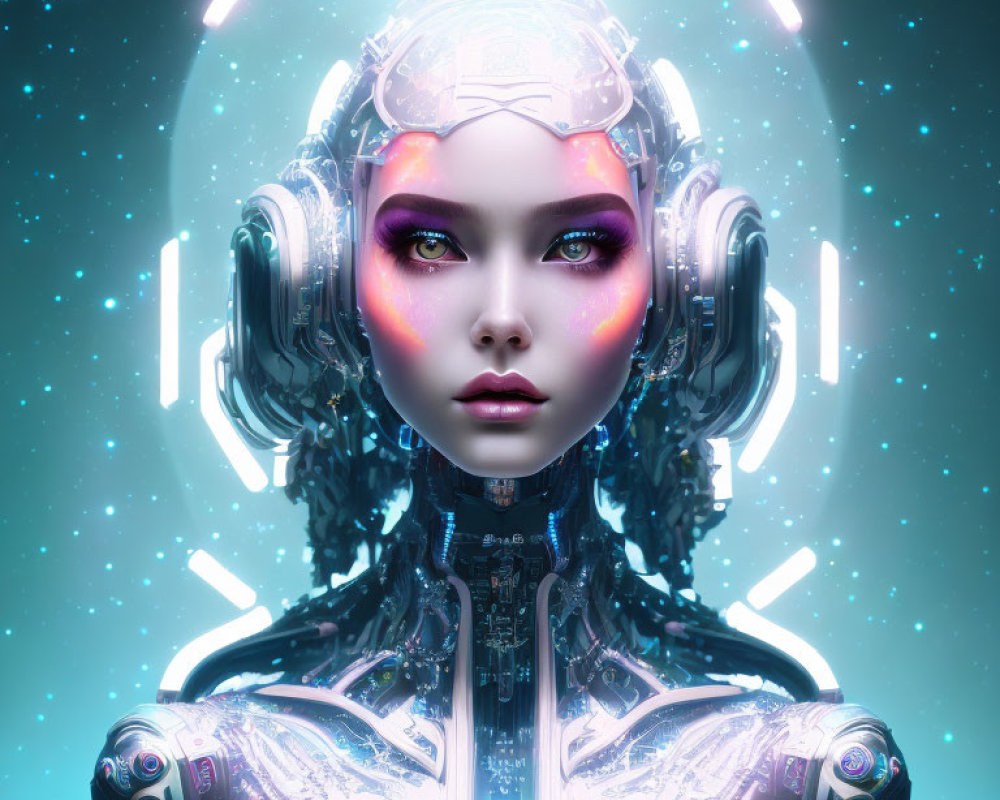 Detailed futuristic android with glowing neon lights and contemplative expression