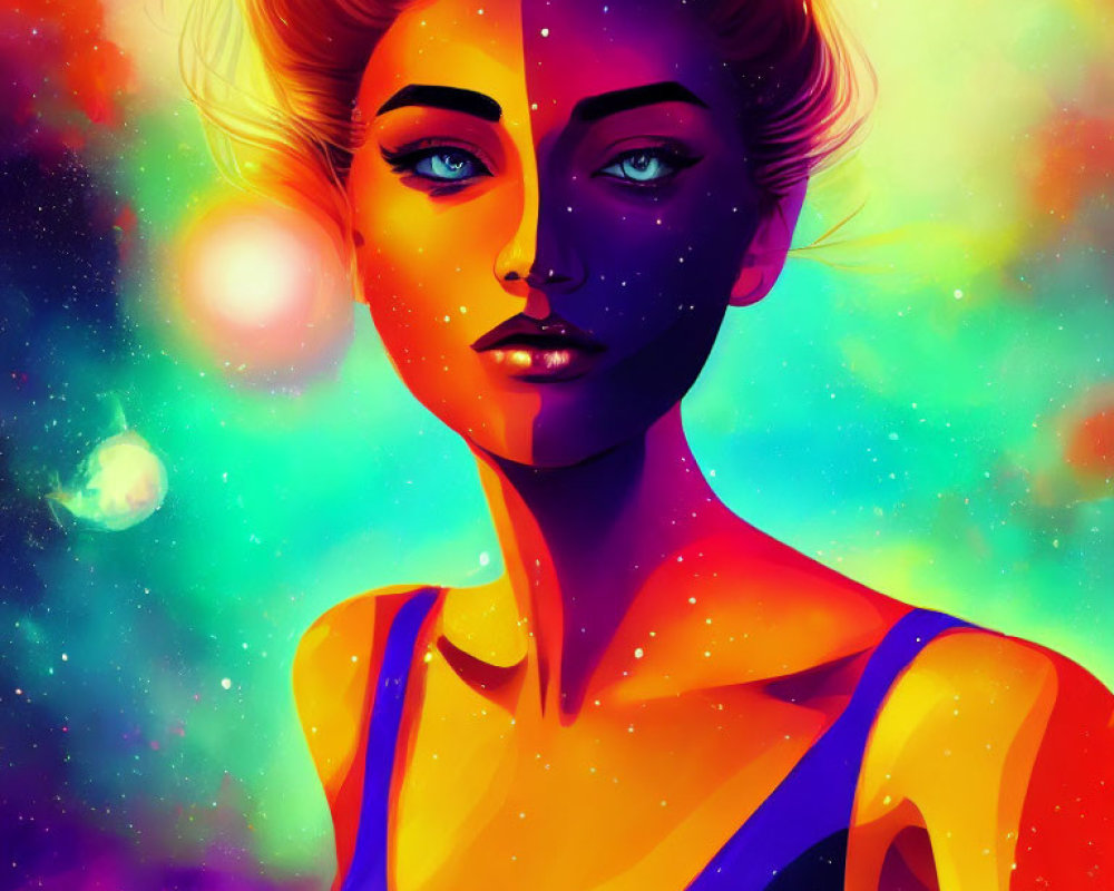 Vibrant cosmic-themed woman illustration with colorful space elements