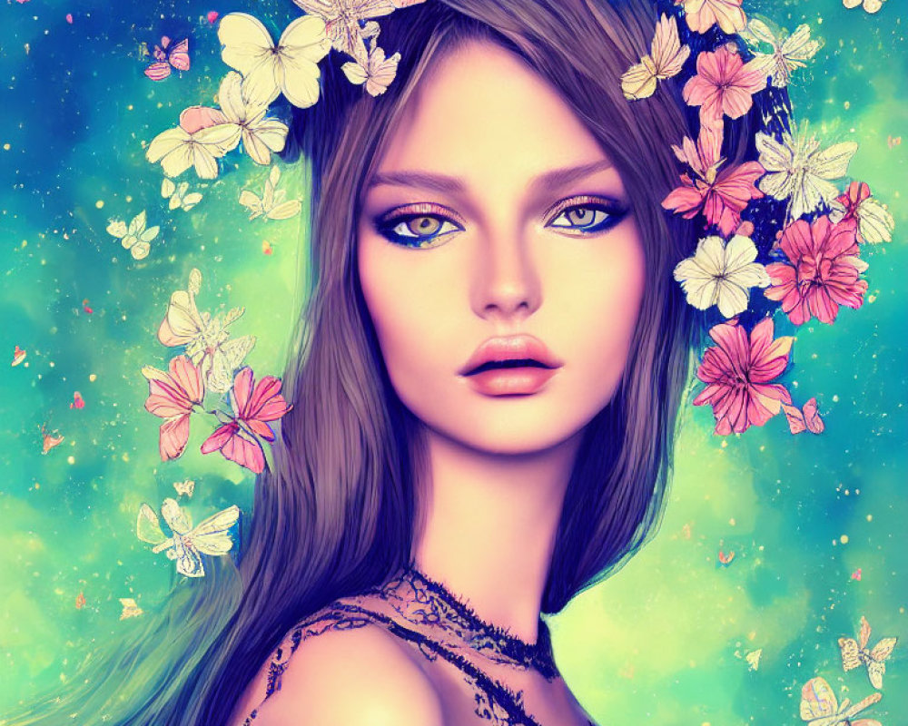 Digital Portrait of Woman with Blue Eyes, Flowers, and Butterflies on Teal Background