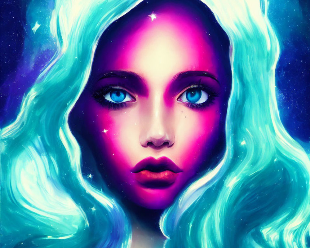 Vibrant digital artwork: Woman with blue hair in cosmic setting