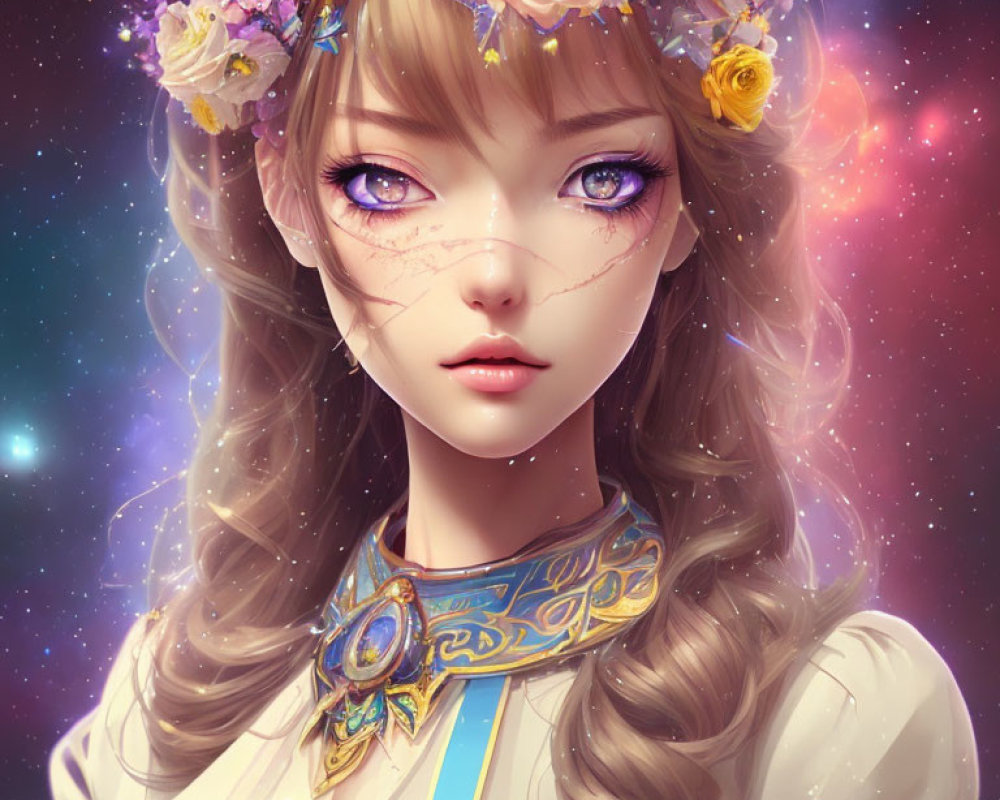 Digital art portrait of female character with floral crown and scar, against nebula backdrop