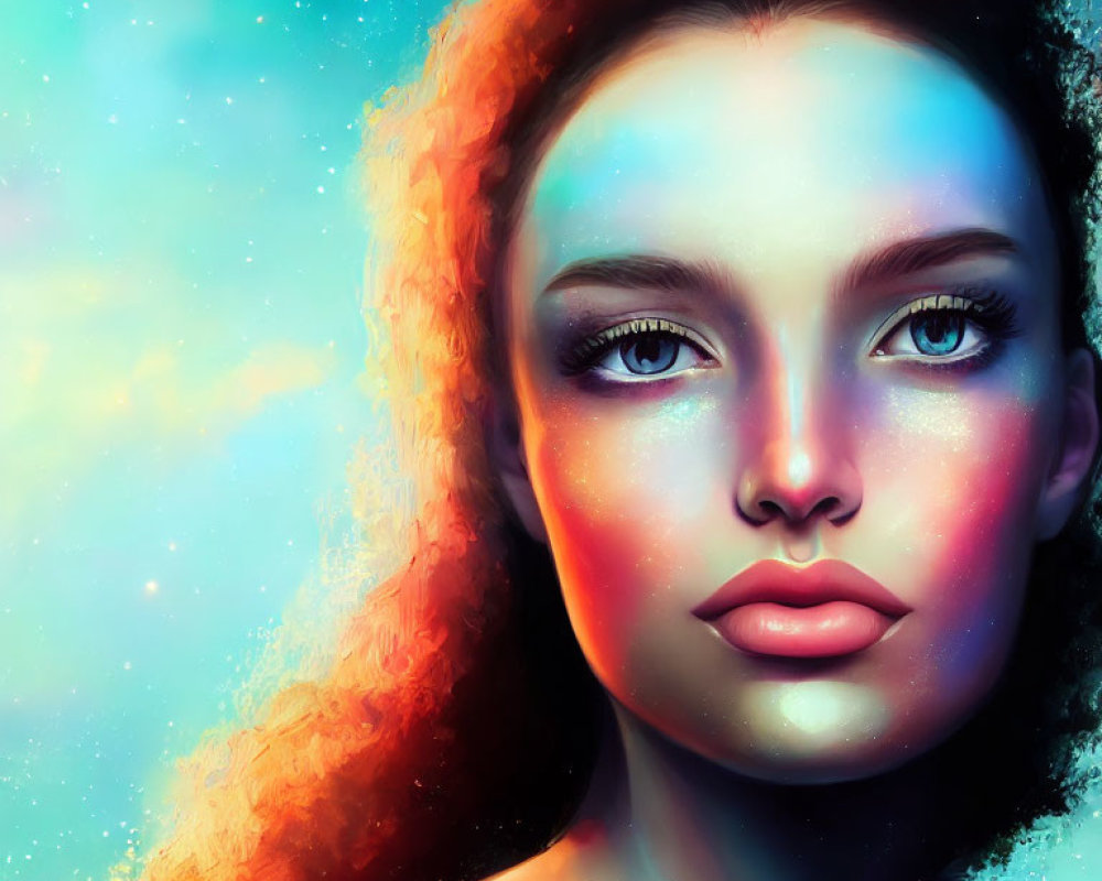 Colorful digital painting of a woman's face with cosmic hair and intense eyes