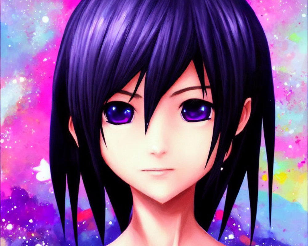 Purple-haired anime character with violet eyes on vibrant nebula backdrop