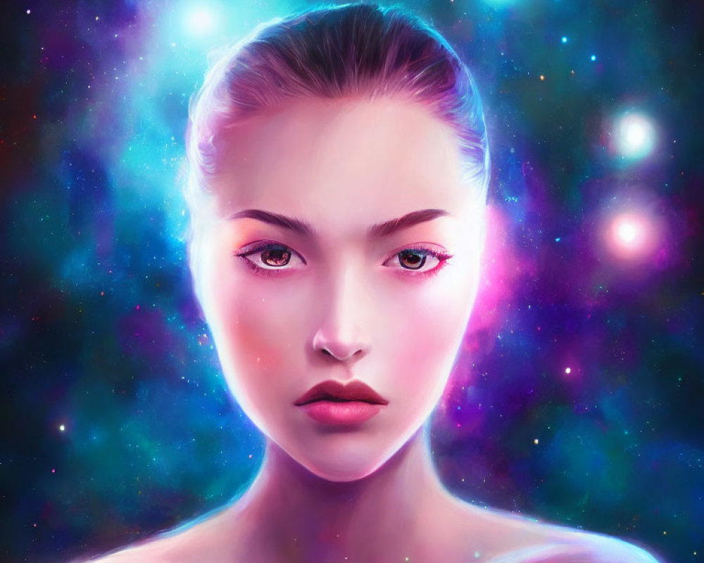 Digital portrait of serene woman against cosmic purple and pink backdrop