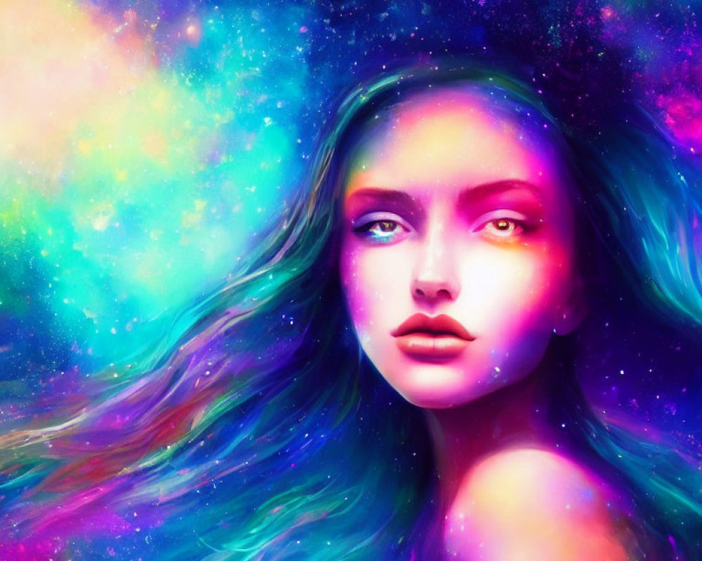 Vivid digital artwork: Woman merging with cosmic galaxy in pink, purple, blue hues