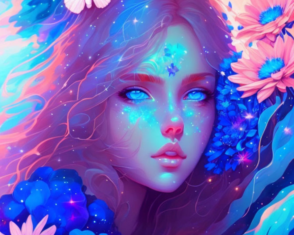 Ethereal digital artwork featuring woman with blue skin and butterflies