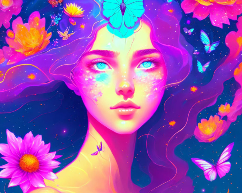 Colorful digital artwork of woman with blue eyes and butterfly on forehead, surrounded by neon flowers and butterflies