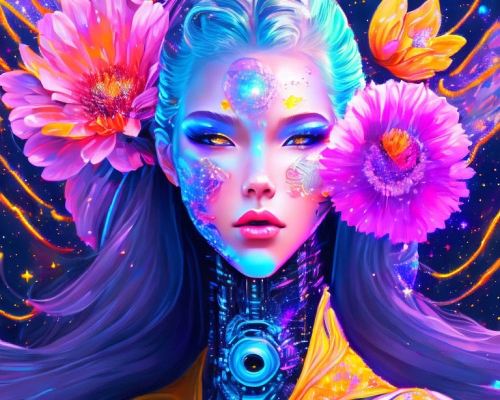 Digital artwork featuring woman with floral and celestial theme and mechanical neck details