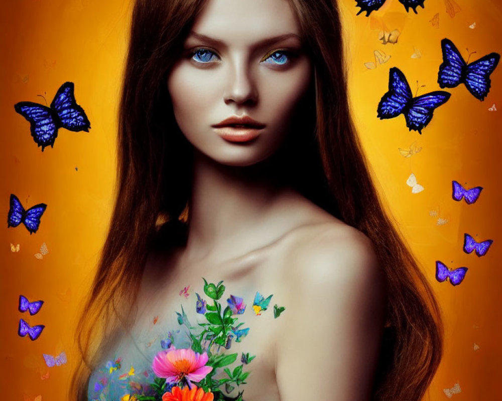 Woman with Striking Blue Eyes Surrounded by Butterflies and Flowers on Warm Background