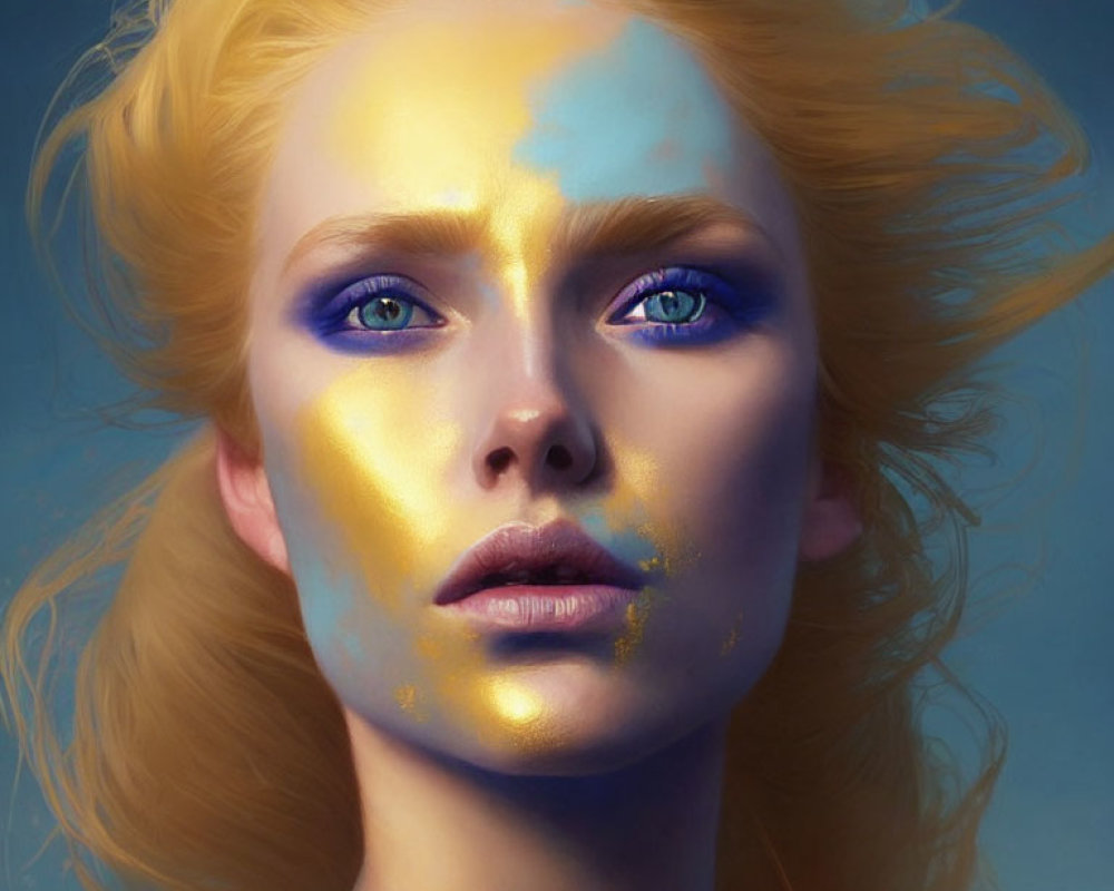 Portrait of Woman with Striking Blue Eyes and Golden Face Paint Highlights