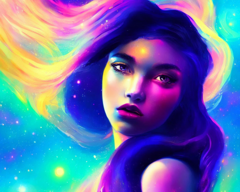 Colorful portrait of woman with flowing hair merging with cosmic galaxy