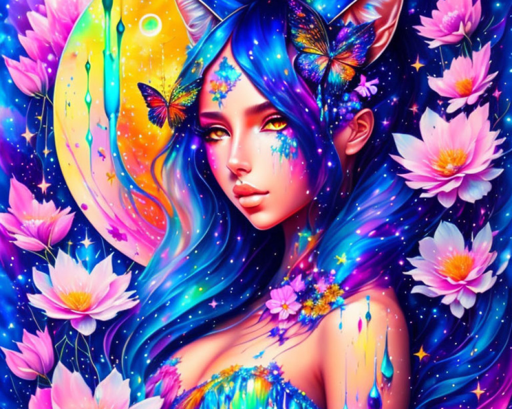 Colorful illustration: mystical woman with blue hair, cat ears, lotus flowers, butterflies, moon