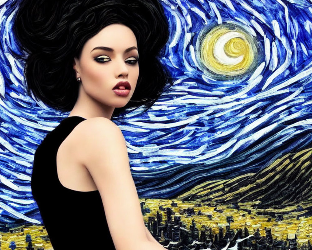 Digital portrait of woman with bold makeup and voluminous hair against Van Gogh-inspired background.