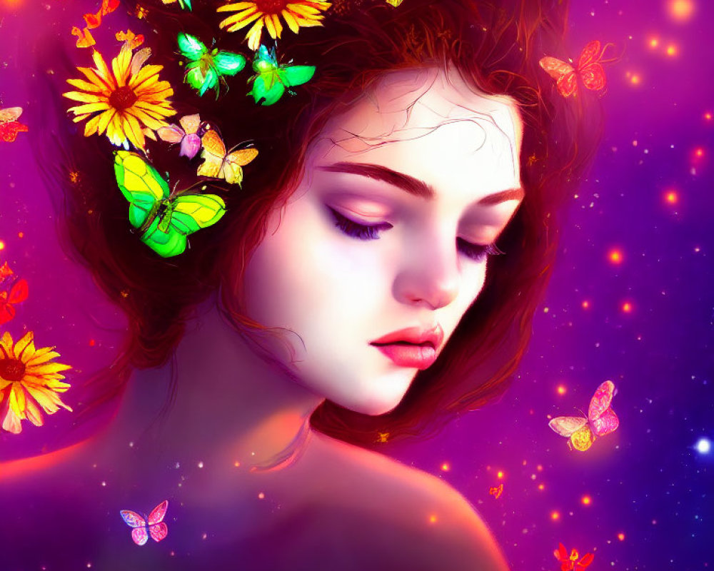 Digital artwork: Woman with closed eyes, vibrant flowers, butterflies, cosmic purple background