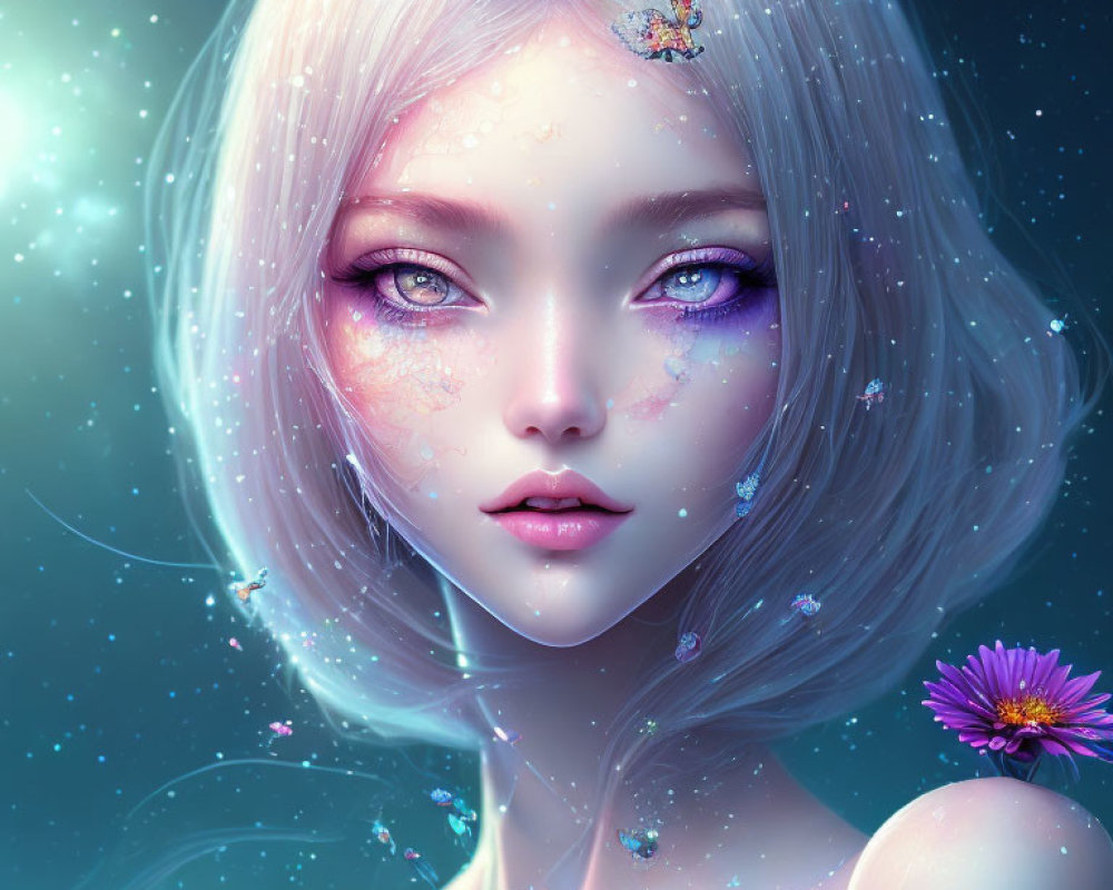 Fantasy digital artwork: ethereal female with white hair, violet eyes, butterflies, and flower.