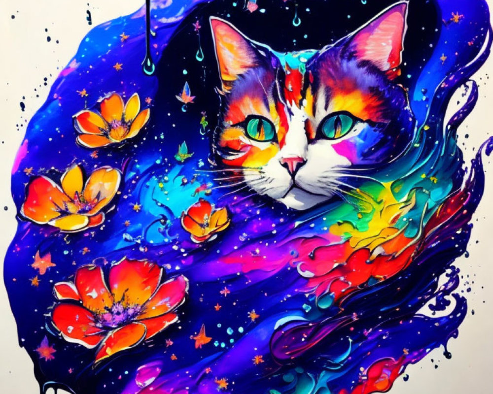 Colorful Cat Face Painting with Cosmic Background and Flowers