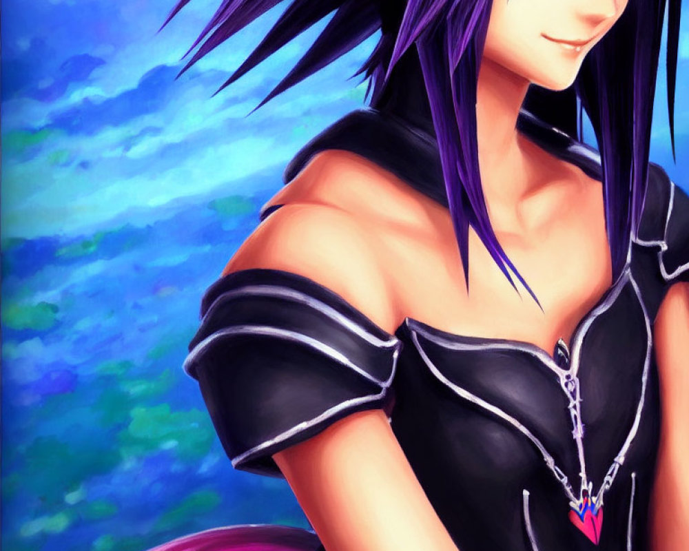 Anime character with purple hair, green eyes, and black outfit