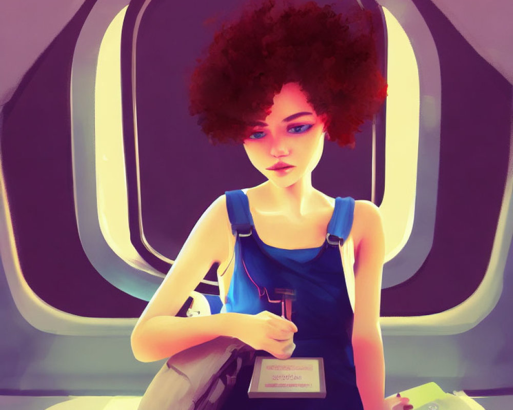 Illustration of young woman with curly afro in blue dress inside spacecraft