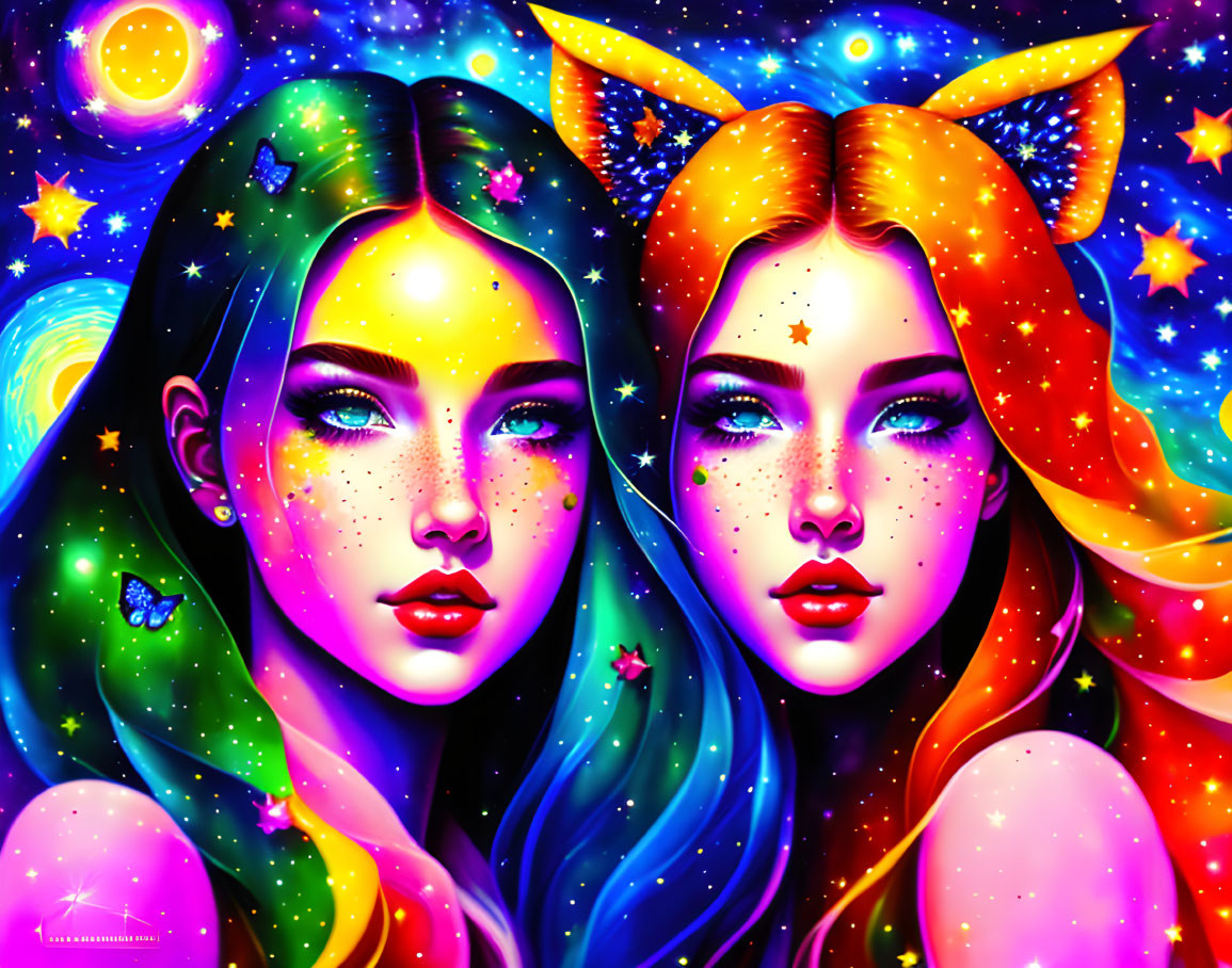 Cosmic-themed digital art featuring two women in vibrant colors