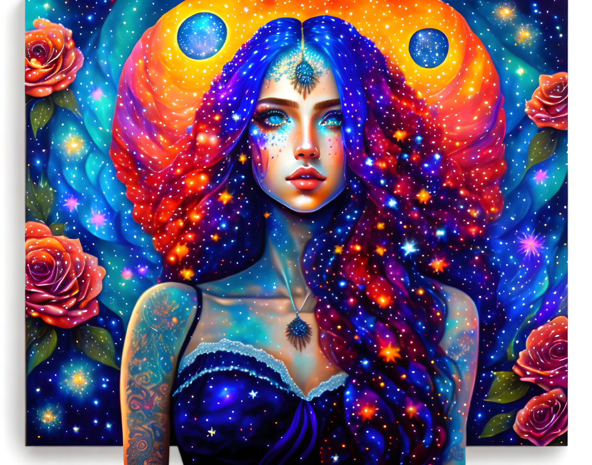 Cosmic-themed body art on woman with orange roses