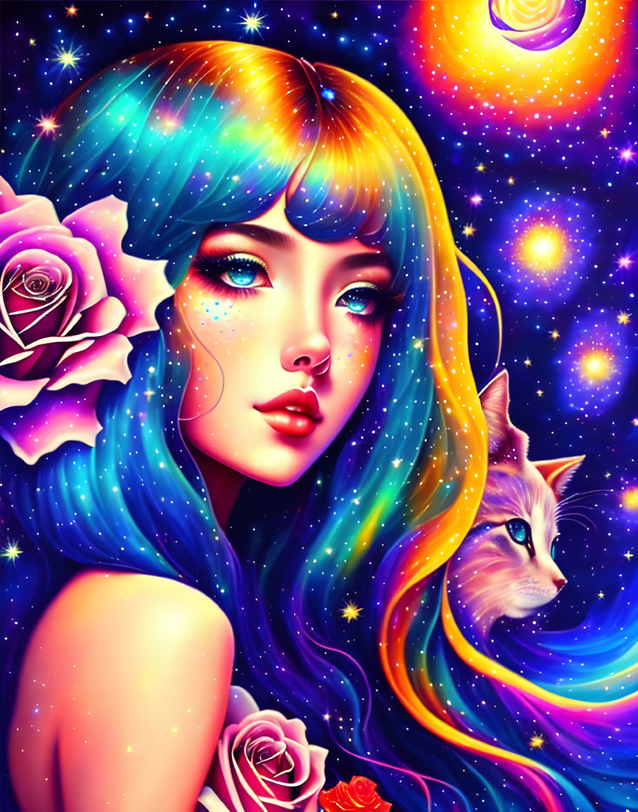 Colorful digital artwork: Woman with multicolored hair, cosmic cat, roses, starry space