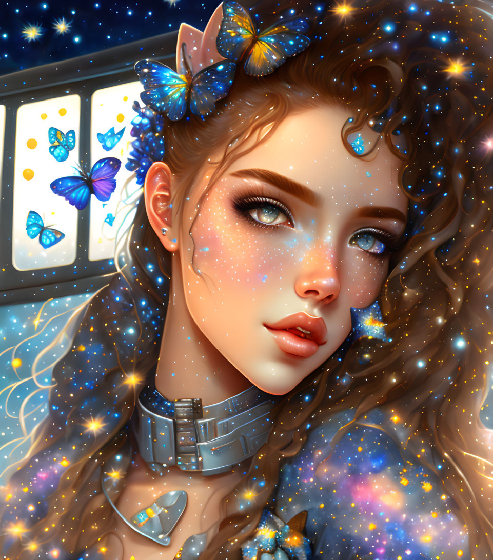 Digital art portrait of woman with curly brown hair and galaxy-themed outfit.