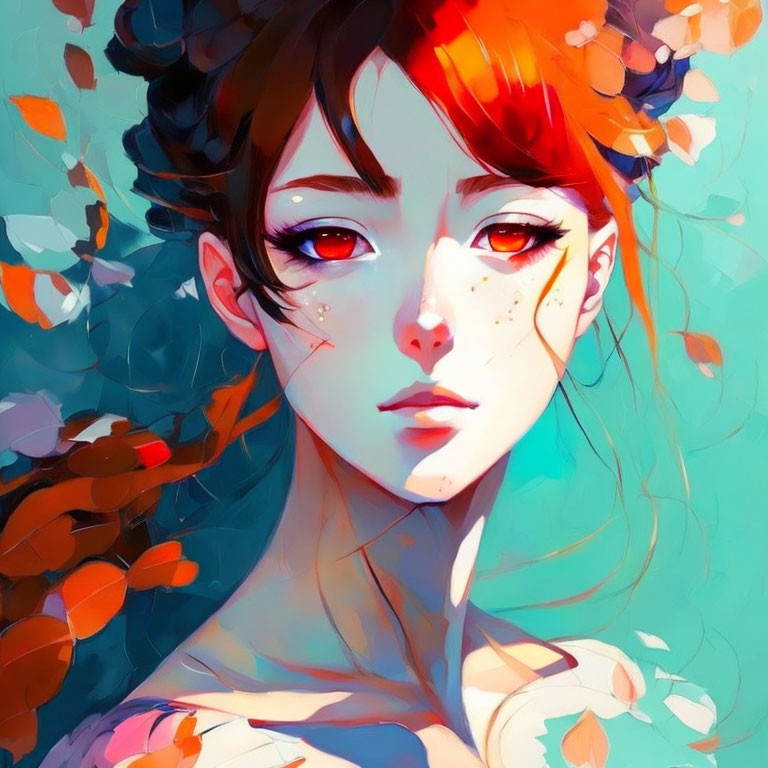 Illustrated portrait of young woman with red hair and autumn leaves on turquoise background