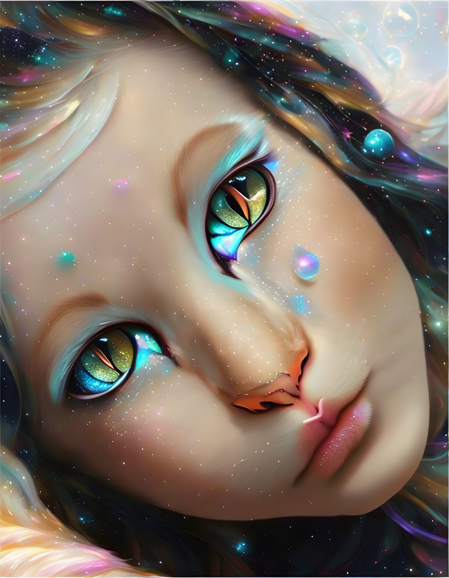 Multicolored cosmic eyes and celestial elements in digital portrait