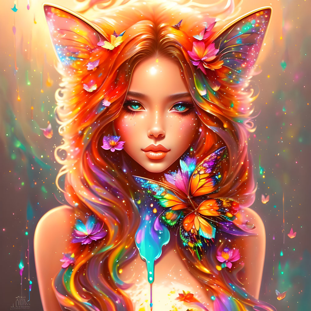 Colorful digital art: Woman with butterfly wings, floral hair, and face butterfly on glittery background