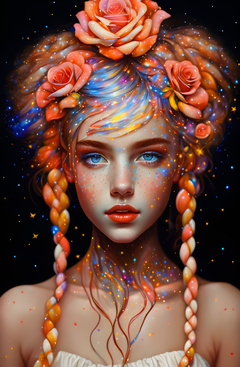 Colorful portrait of girl with rainbow hair braids and cosmic background