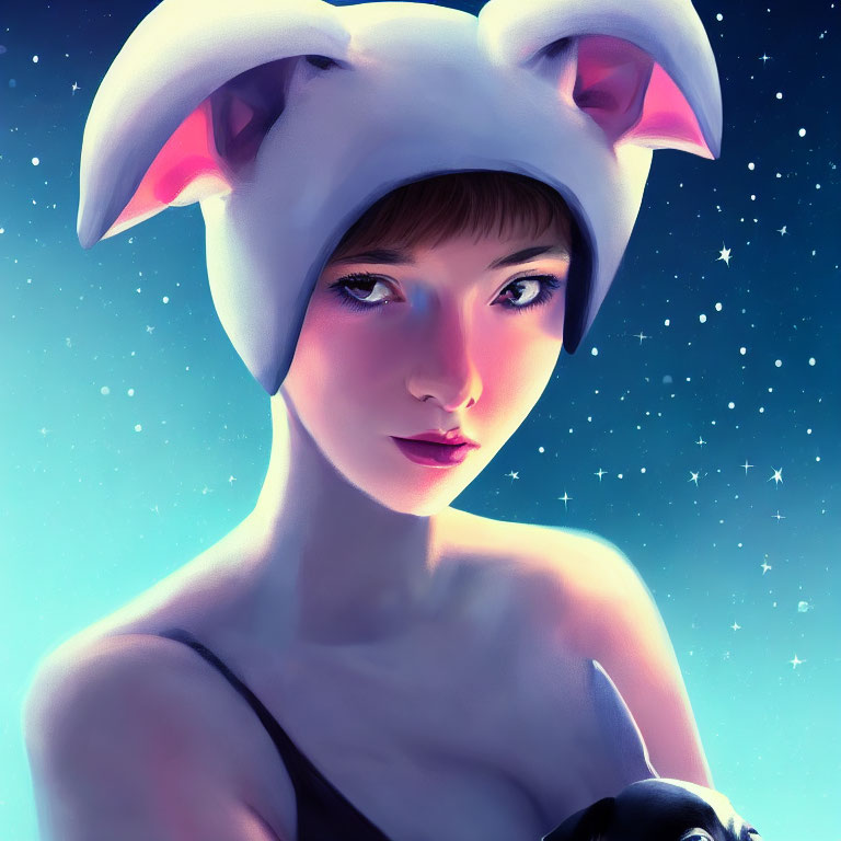 Digital Artwork: Woman in White and Pink Fox-like Hat under Starry Sky