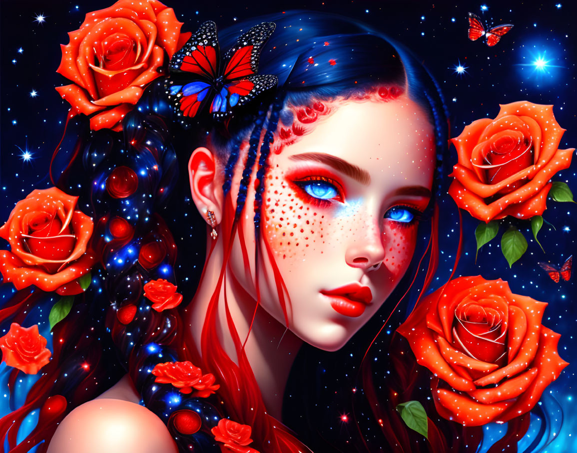 Digital Artwork: Woman with Blue Hair, Roses, Butterflies on Starry Night