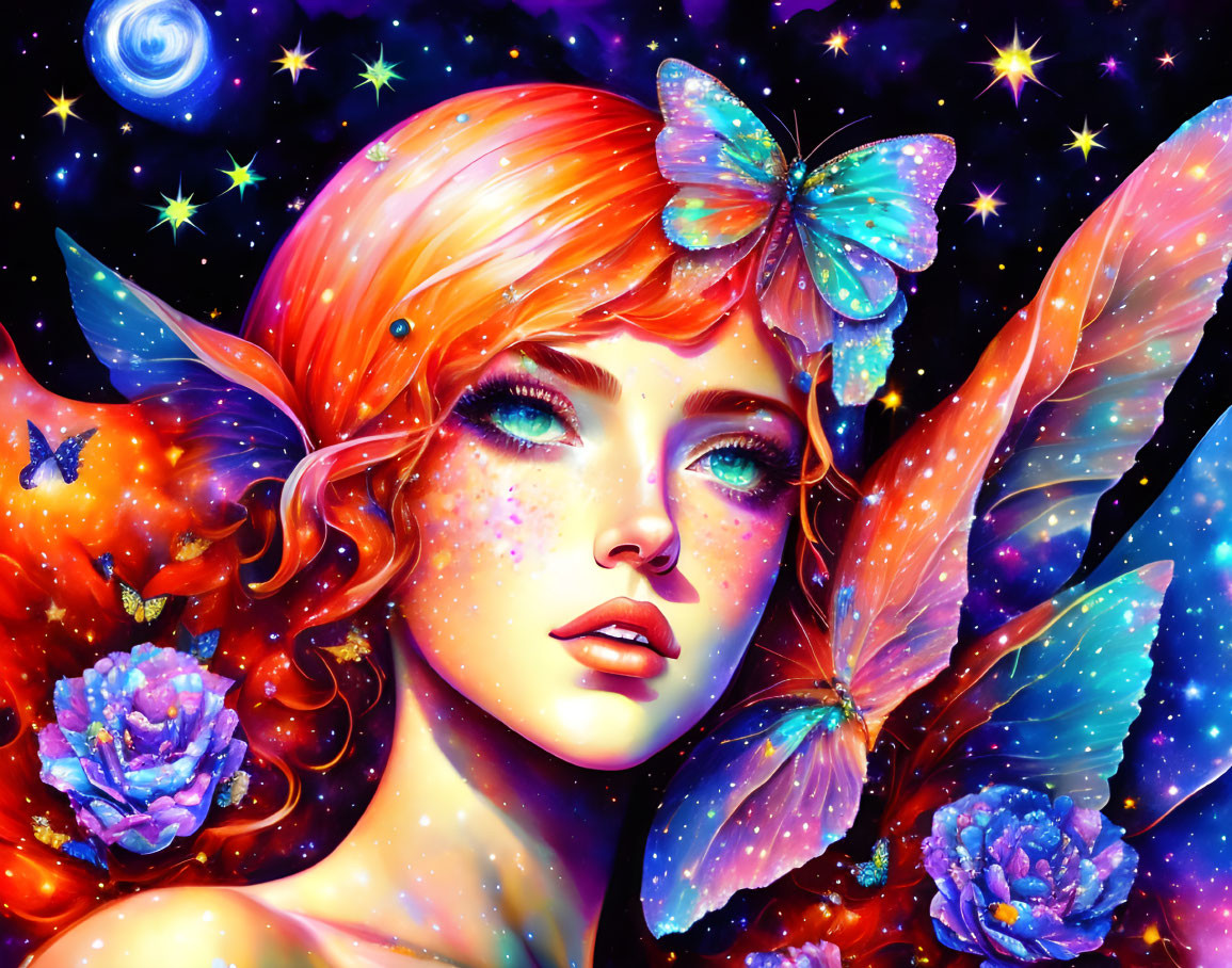 Vibrant digital artwork: Fantastical female with butterfly wings, stars, flowers, cosmic setting