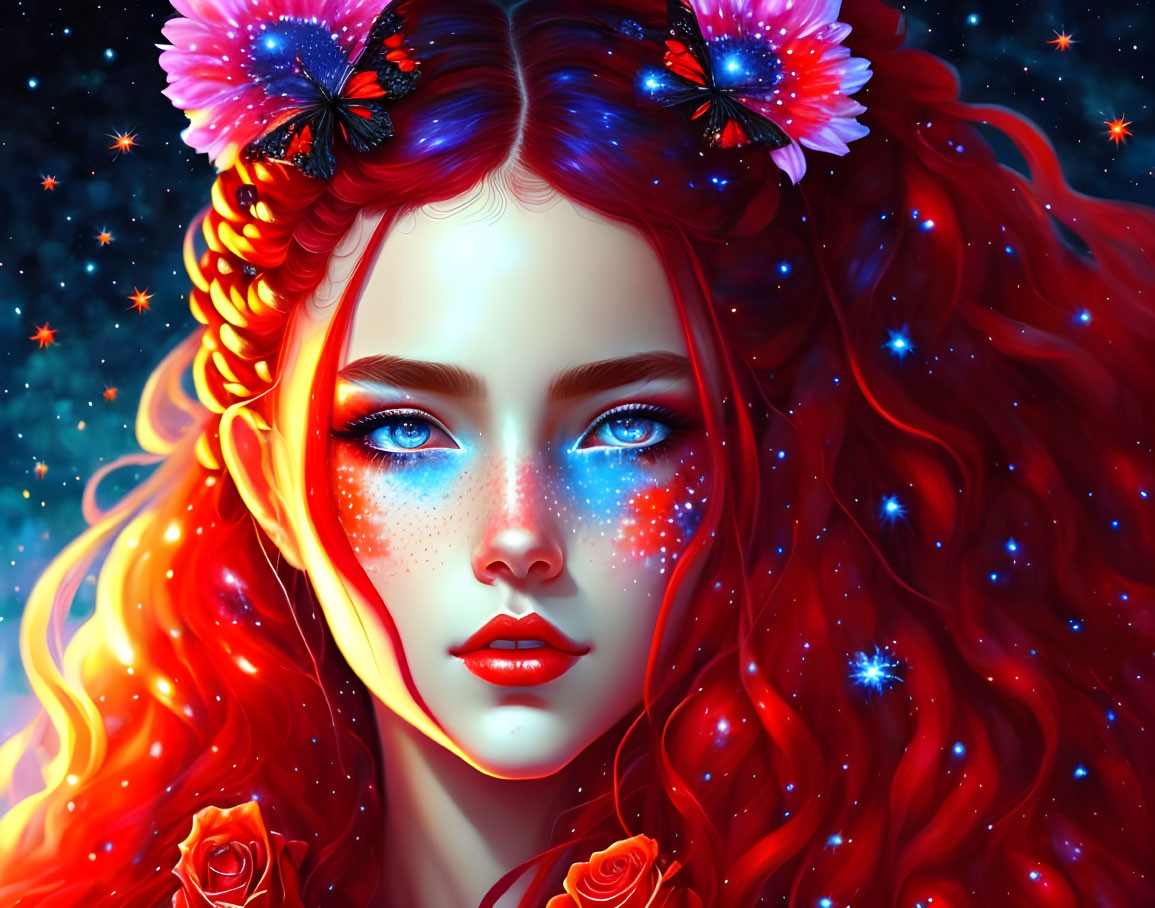 Digital art: Woman with glowing blue eyes and red hair adorned with roses and butterfly hairpins on star