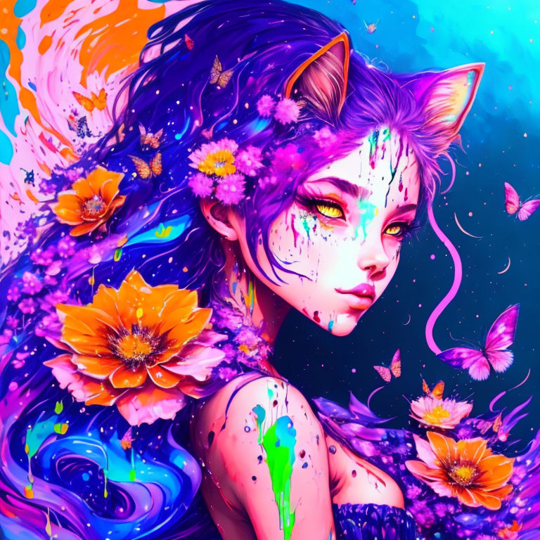 Colorful Female Figure with Cat-like Ears and Purple Hair on Blue Background