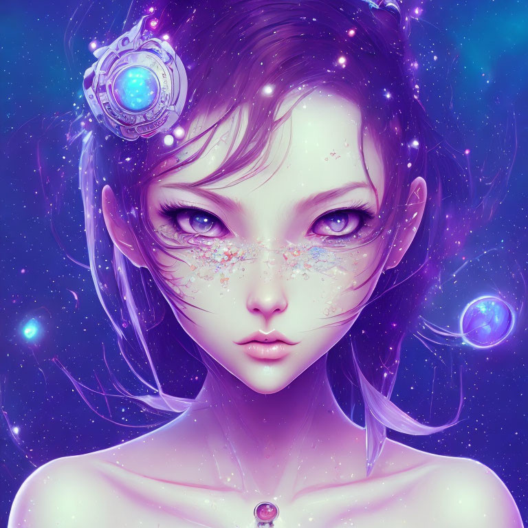 Ethereal female portrait with purple eyes and futuristic headpiece