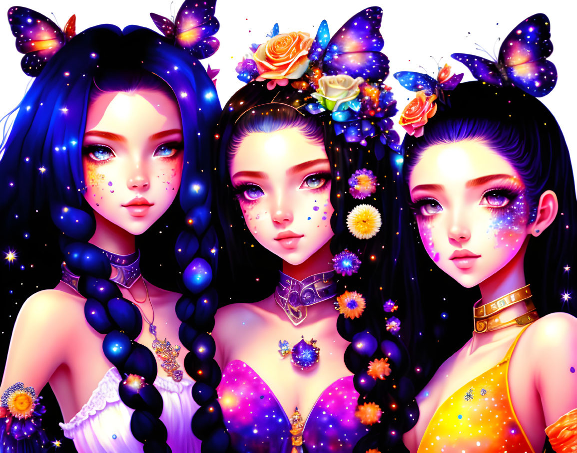 Colorful Girls with Floral and Butterfly Accessories on Glittery Background