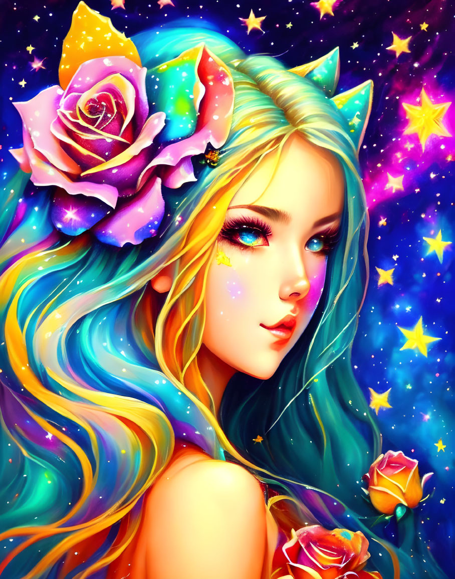 Multicolored hair woman with cat ears in cosmic setting