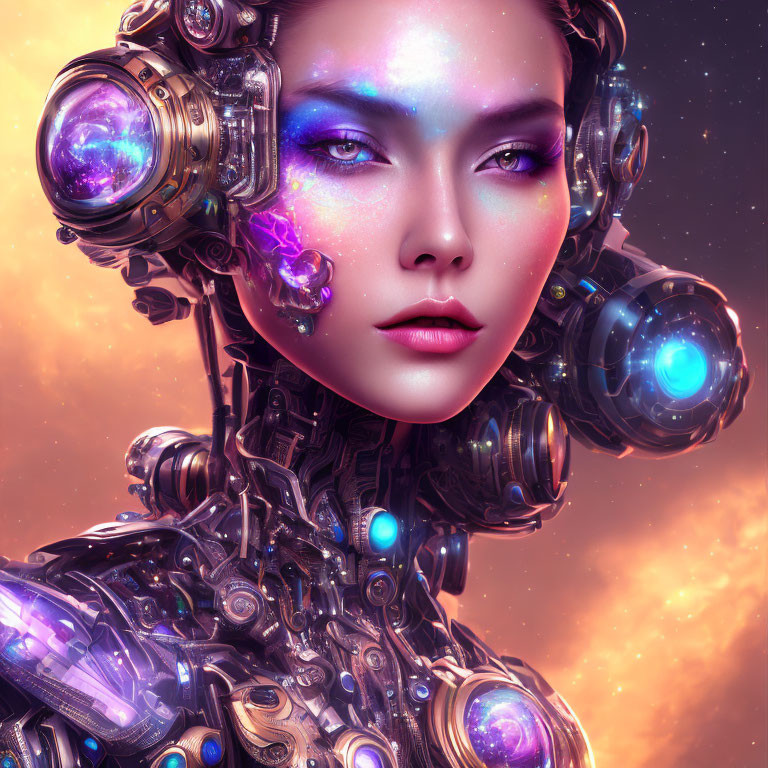 Futuristic female cyborg with blue makeup and glowing purple accents