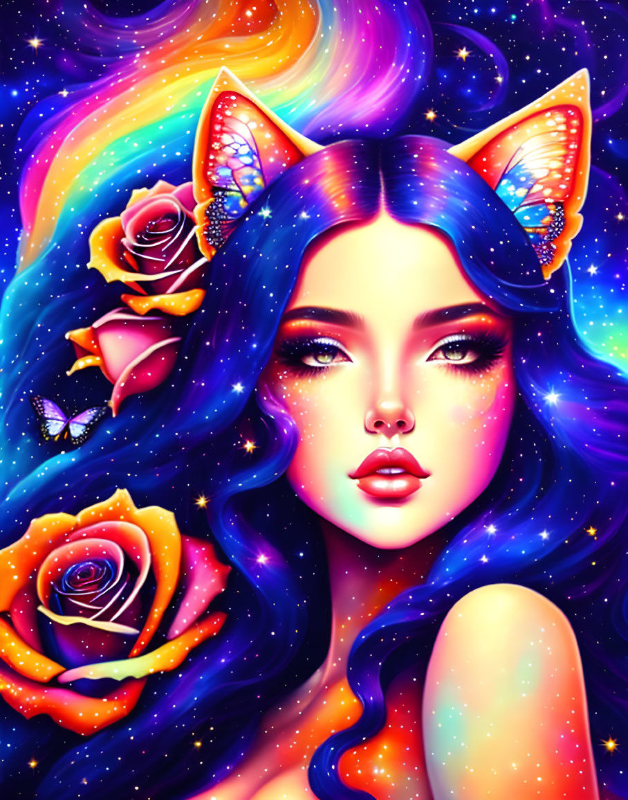 Colorful Woman with Cat Ears in Cosmic Setting