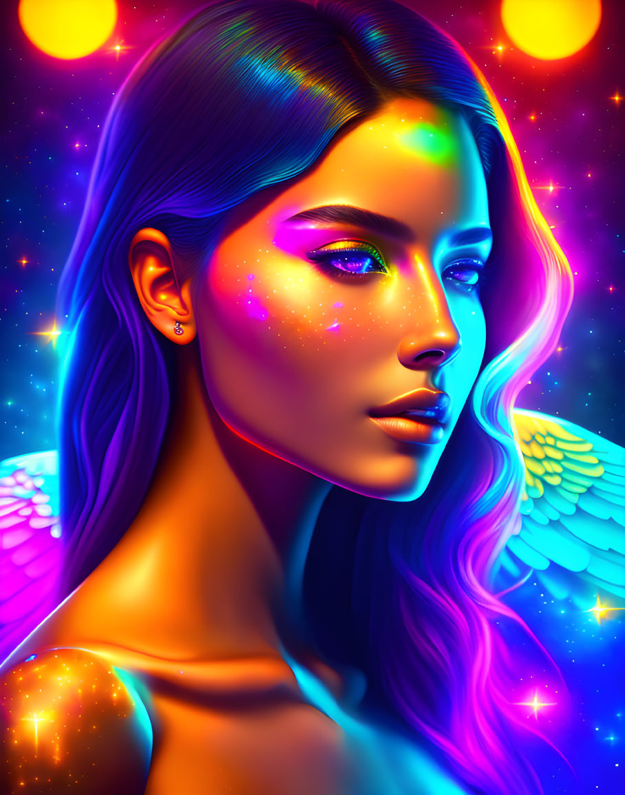 Colorful digital artwork: Woman with neon skin and glowing eyes in cosmic setting