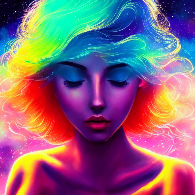 Colorful digital art portrait of a woman with flowing hair in cosmic setting