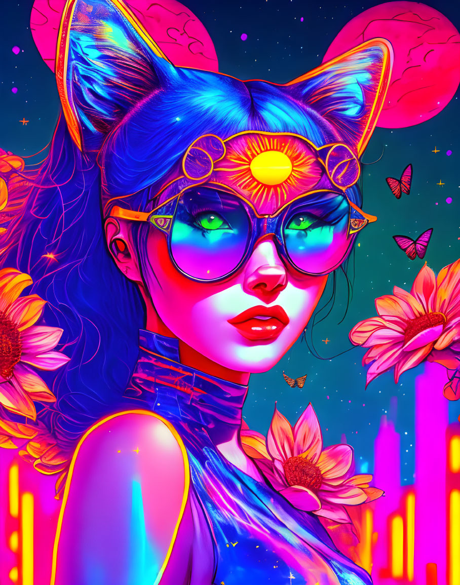 Colorful female figure with cat ears and glasses in moonlit scene