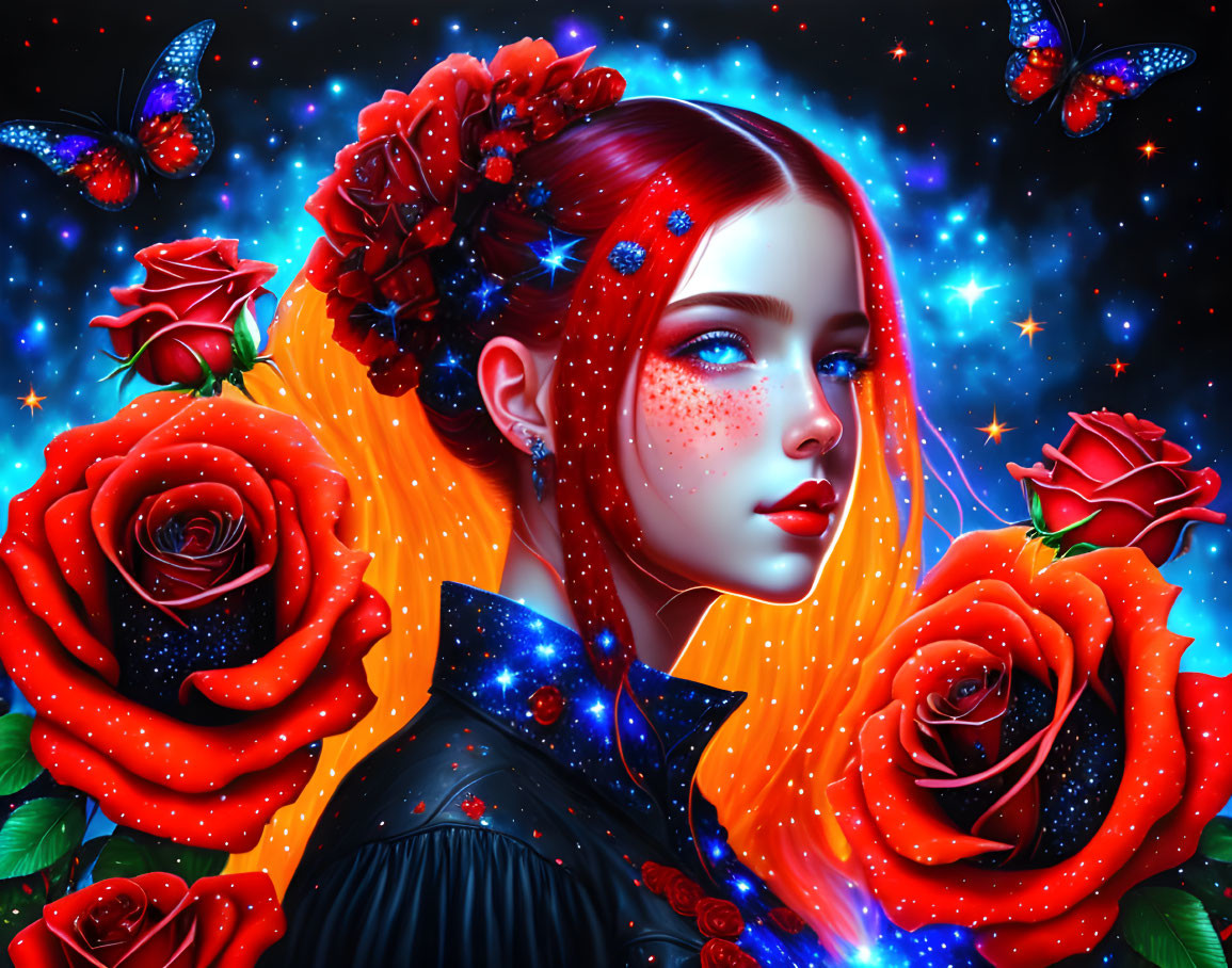 Vibrant digital artwork: Woman with red hair, roses, butterflies, cosmic background